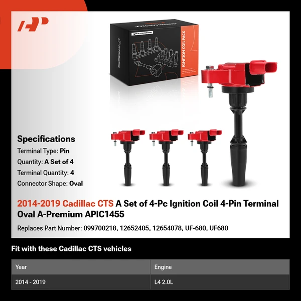 2014-2019 Cadillac CTS A Set of 4-Pc Ignition Coil 4-Pin Terminal Oval A-Premium APIC1455