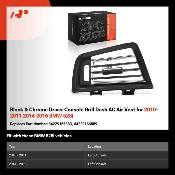 Black & Chrome Driver Console Grill Dash AC Air Vent for 2010-2011 2014-2016 BMW 528i