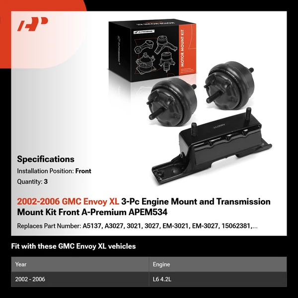 2002-2006 GMC Envoy XL 3-Pc Engine Mount and Transmission Mount Kit Front A-Premium APEM534