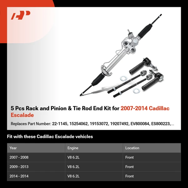 5 Pcs Rack and Pinion & Tie Rod End Kit for 2007-2014 Cadillac Escalade