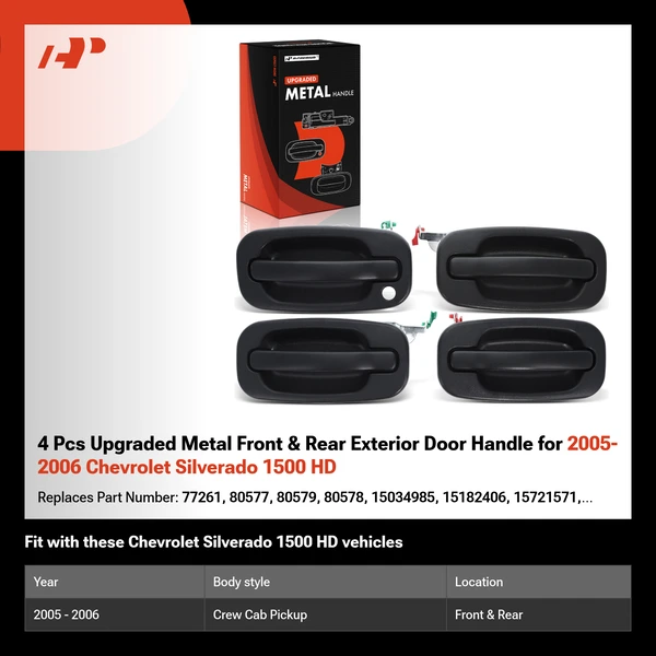 4 Pcs Upgraded Metal Front & Rear Exterior Door Handle for 2005-2006 Chevrolet Silverado 1500 HD