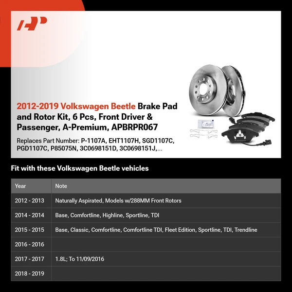 2012-2019 Volkswagen Beetle Brake Pad and Rotor Kit, 6 Pcs, Front Driver & Passenger, A-Premium, APBRPR067