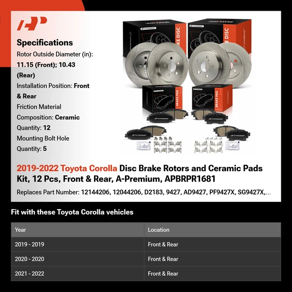 2019-2022 Toyota Corolla Disc Brake Rotors and Ceramic Pads Kit, 12 Pcs, Front & Rear, A-Premium, APBRPR1681