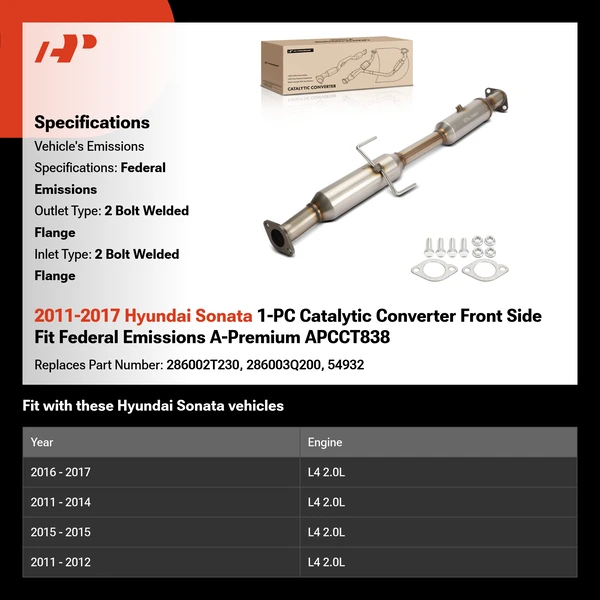 2011-2017 Hyundai Sonata 1-PC Catalytic Converter Front Side Fit Federal Emissions A-Premium APCCT838