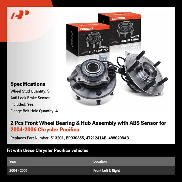 2 Pcs Front Wheel Bearing & Hub Assembly with ABS Sensor for 2004-2006 Chrysler Pacifica