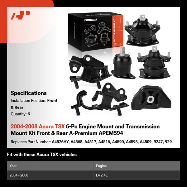 2004-2008 Acura TSX 6-Pc Engine Mount and Transmission Mount Kit Front & Rear A-Premium APEM594