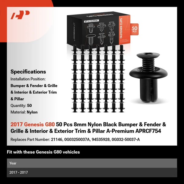 2017 Genesis G80 50 Pcs 8mm Nylon Black Bumper & Fender & Grille & Interior & Exterior Trim & Pillar A-Premium APRCF754