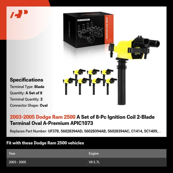 2003-2005 Dodge Ram 2500 A Set of 8-Pc Ignition Coil 2-Blade Terminal Oval A-Premium APIC1073