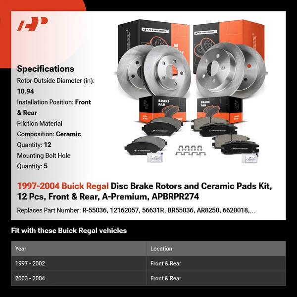 1997-2004 Buick Regal Disc Brake Rotors and Ceramic Pads Kit, 12 Pcs, Front & Rear, A-Premium, APBRPR274