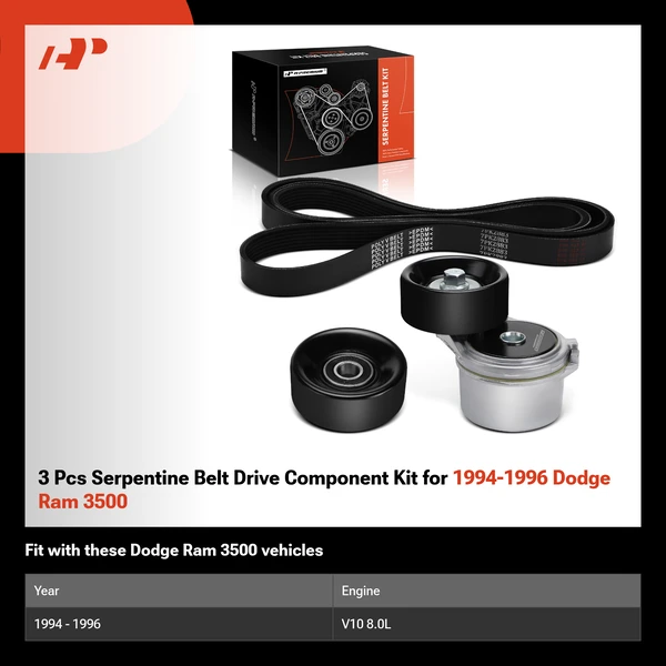 3 Pcs Serpentine Belt Drive Component Kit for 1994-1996 Dodge Ram 3500