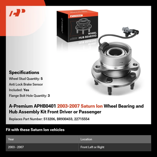 A-Premium APHB0401 2003-2007 Saturn Ion Wheel Bearing and Hub Assembly Kit Front Driver or Passenger