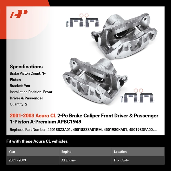 2001-2003 Acura CL 2-Pc Brake Caliper Front Driver & Passenger 1-Piston A-Premium APBC1949