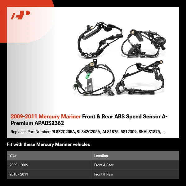 2009-2011 Mercury Mariner Front & Rear ABS Speed Sensor A-Premium APABS2362