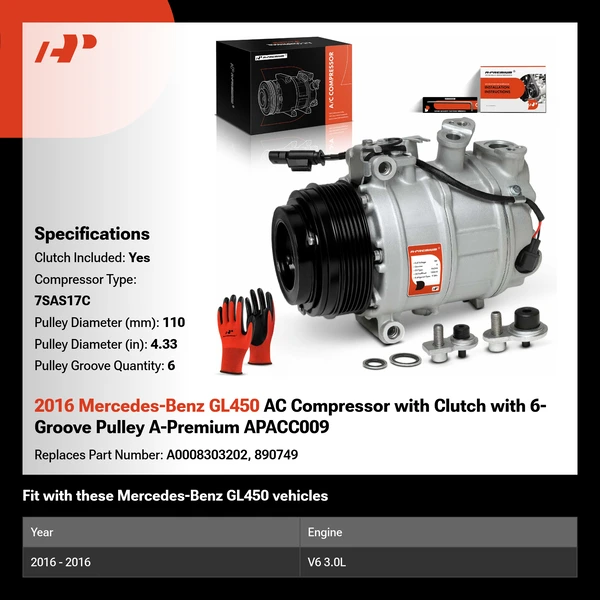 2016 Mercedes-Benz GL450 AC Compressor with Clutch with 6-Groove Pulley A-Premium APACC009