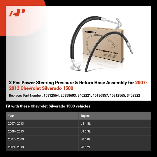 2 Pcs Power Steering Pressure & Return Hose Assembly for 2007-2013 Chevrolet Silverado 1500