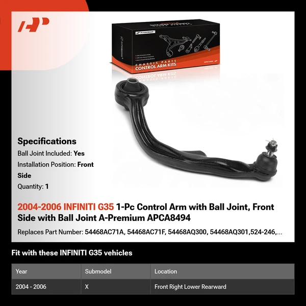 2004-2006 INFINITI G35 1-Pc Control Arm with Ball Joint, Front Side with Ball Joint A-Premium APCA8494