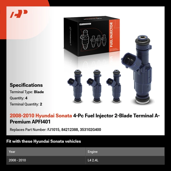 2008-2010 Hyundai Sonata 4-Pc Fuel Injector 2-Blade Terminal A-Premium APFI401