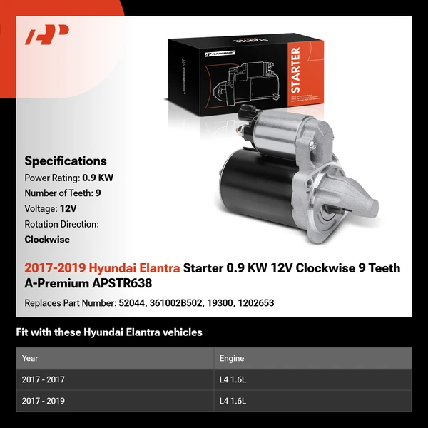 2017-2019 Hyundai Elantra Starter 0.9 KW 12V Clockwise 9 Teeth A-Premium APSTR638