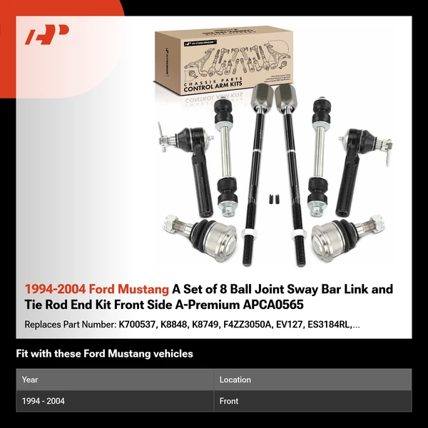 1994-2004 Ford Mustang A Set of 8 Ball Joint Sway Bar Link and Tie Rod End Kit Front Side A-Premium APCA0565