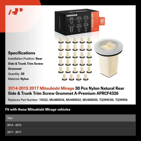 2014-2015 2017 Mitsubishi Mirage 30 Pcs Nylon Natural Rear Side & Trunk Trim Screw Grommet A-Premium APRCF4326