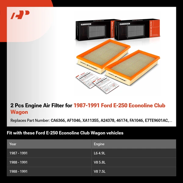 2 Pcs Engine Air Filter for 1987-1991 Ford E-250 Econoline Club Wagon