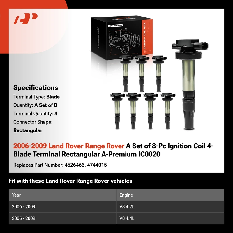 2006-2009 Land Rover Range Rover A Set of 8-Pc Ignition Coil 4-Blade Terminal Rectangular A-Premium IC0020