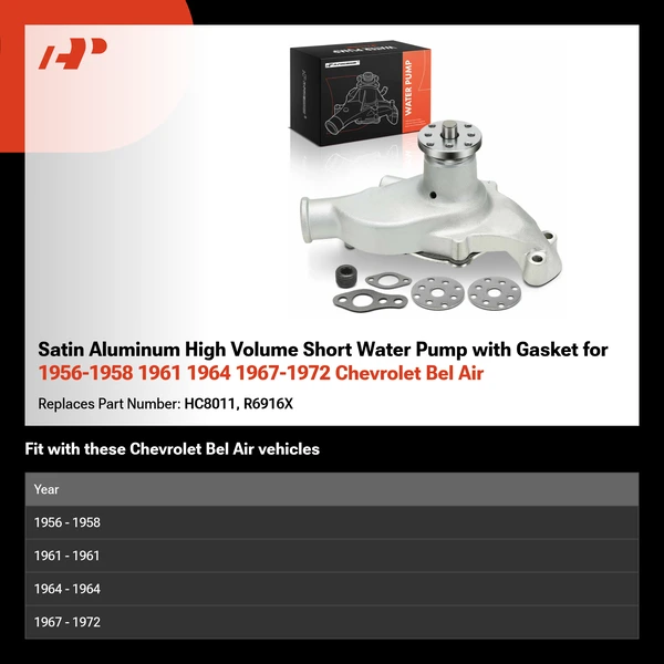 Satin Aluminum High Volume Short Water Pump with Gasket for 1956-1958 1961 1964 1967-1972 Chevrolet Bel Air