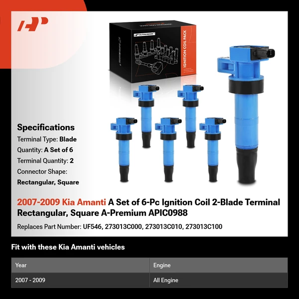 2007-2009 Kia Amanti A Set of 6-Pc Ignition Coil 2-Blade Terminal Rectangular, Square A-Premium APIC0988