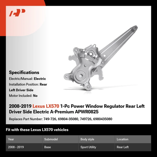 2008-2019 Lexus LX570 1-Pc Power Window Regulator Rear Left Driver Side Electric A-Premium APWR0825