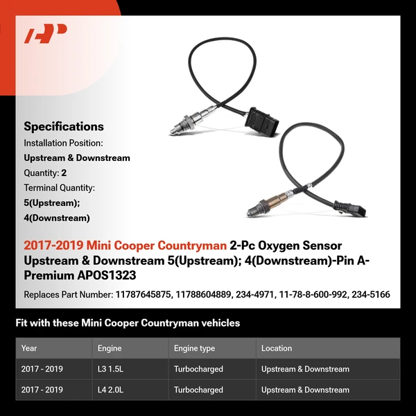 2017-2019 Mini Cooper Countryman 2-Pc Oxygen Sensor Upstream & Downstream 5(Upstream); 4(Downstream)-Pin A-Premium APOS1323