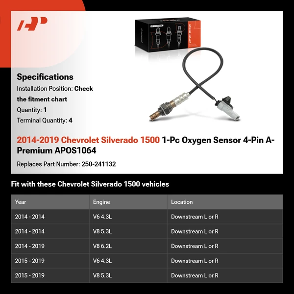 2014-2019 Chevrolet Silverado 1500 1-Pc Oxygen Sensor 4-Pin A-Premium APOS1064