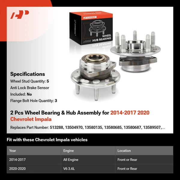 2 Pcs Wheel Bearing & Hub Assembly for 2014-2017 2020 Chevrolet Impala