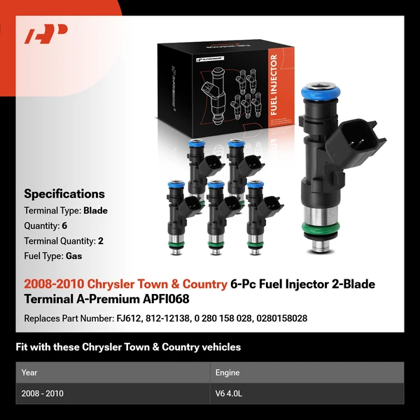 2008-2010 Chrysler Town & Country 6-Pc Fuel Injector 2-Blade Terminal A-Premium APFI068
