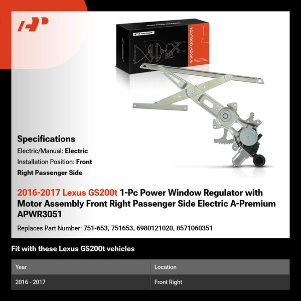 2016-2017 Lexus GS200t 1-Pc Power Window Regulator with Motor Assembly Front Right Passenger Side Electric A-Premium APWR3051