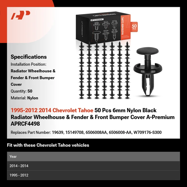 1995-2012 2014 Chevrolet Tahoe 50 Pcs 6mm Nylon Black Radiator Wheelhouse & Fender & Front Bumper Cover A-Premium APRCF4498