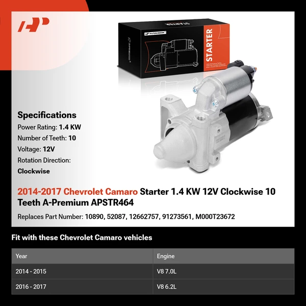 2014-2017 Chevrolet Camaro Starter 1.4 KW 12V Clockwise 10 Teeth A-Premium APSTR464