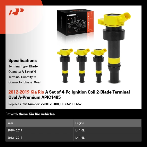 2012-2019 Kia Rio A Set of 4-Pc Ignition Coil 2-Blade Terminal Oval A-Premium APIC1485