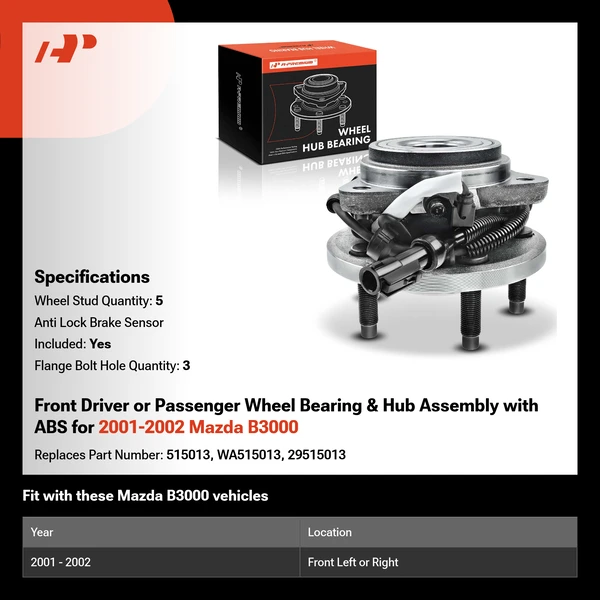 Front Driver or Passenger Wheel Bearing & Hub Assembly with ABS for 2001-2002 Mazda B3000