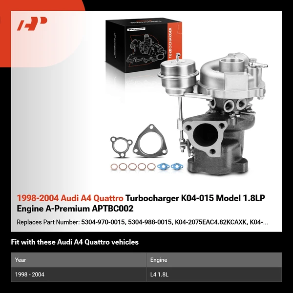 1998-2004 Audi A4 Quattro Turbocharger K04-015 Model 1.8LP Engine A-Premium APTBC002
