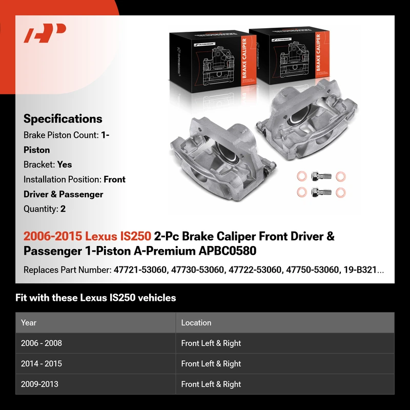 2006-2015 Lexus IS250 2-Pc Brake Caliper Front Driver & Passenger 1-Piston A-Premium APBC0580
