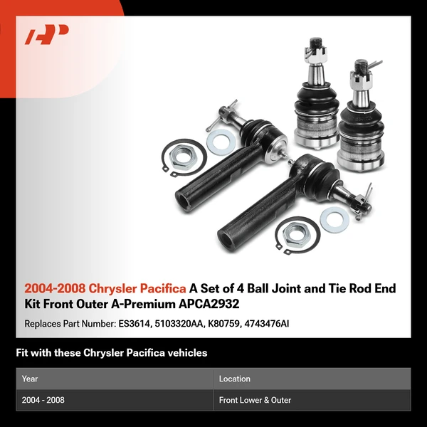 2004-2008 Chrysler Pacifica A Set of 4 Ball Joint and Tie Rod End Kit Front Outer A-Premium APCA2932
