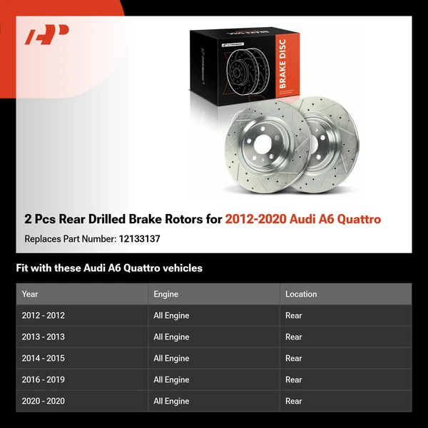 2 Pcs Rear Drilled Brake Rotors for 2012-2020 Audi A6 Quattro