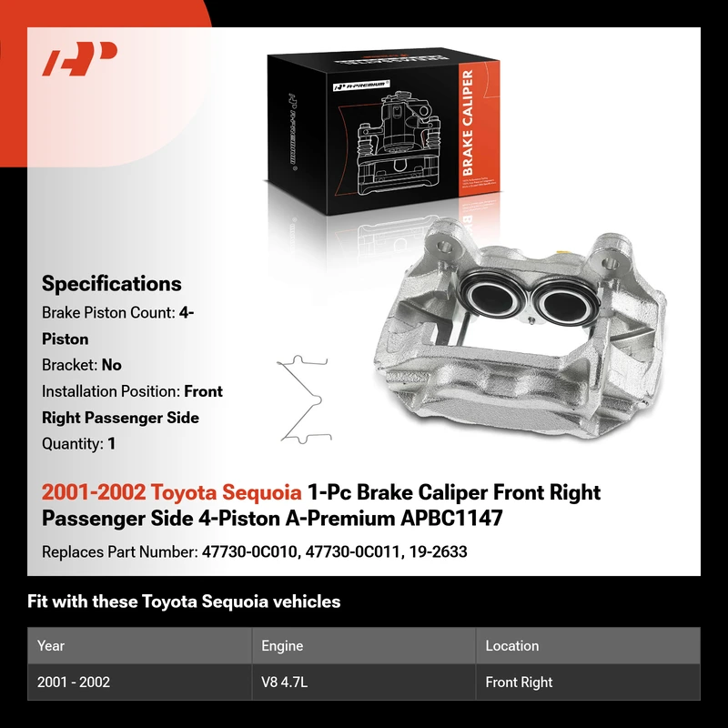 2001-2002 Toyota Sequoia 1-Pc Brake Caliper Front Right Passenger Side 4-Piston A-Premium APBC1147