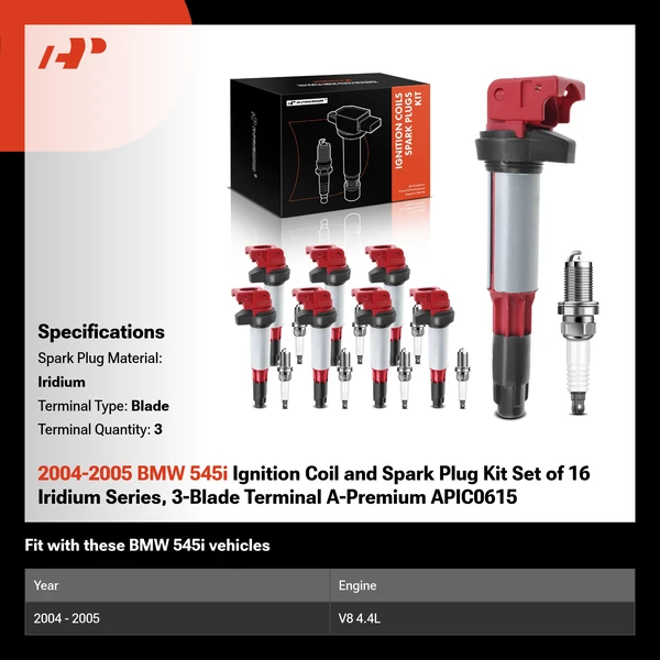 2004-2005 BMW 545i Ignition Coil and Spark Plug Kit Set of 16 Iridium Series, 3-Blade Terminal A-Premium APIC0615