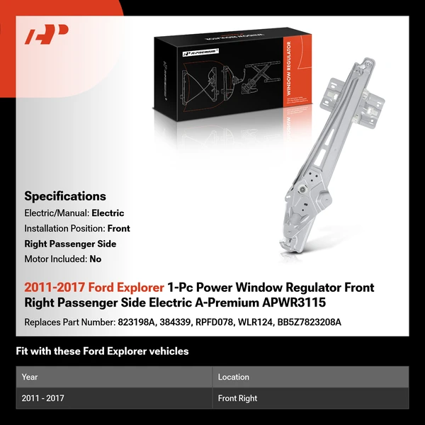 2011-2017 Ford Explorer 1-Pc Power Window Regulator Front Right Passenger Side Electric A-Premium APWR3115