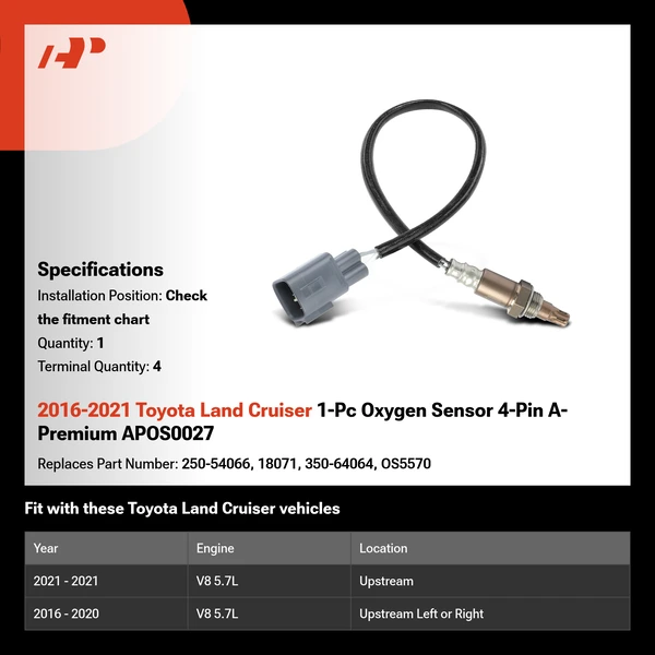 2016-2021 Toyota Land Cruiser 1-Pc Oxygen Sensor 4-Pin A-Premium APOS0027