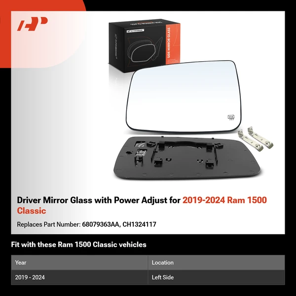 Driver Mirror Glass with Power Adjust for 2019-2024 Ram 1500 Classic
