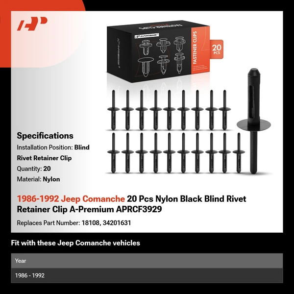1986-1992 Jeep Comanche 20 Pcs Nylon Black Blind Rivet Retainer Clip A-Premium APRCF3929