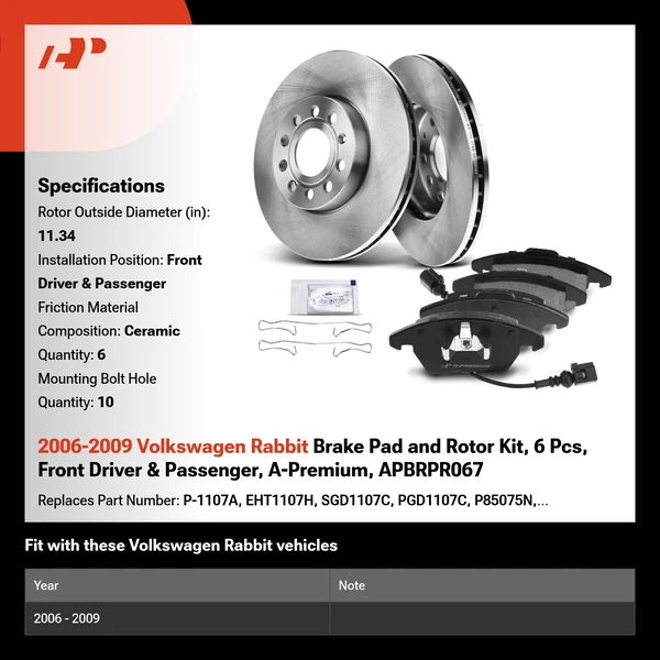 2006-2009 Volkswagen Rabbit Brake Pad and Rotor Kit, 6 Pcs, Front Driver & Passenger, A-Premium, APBRPR067