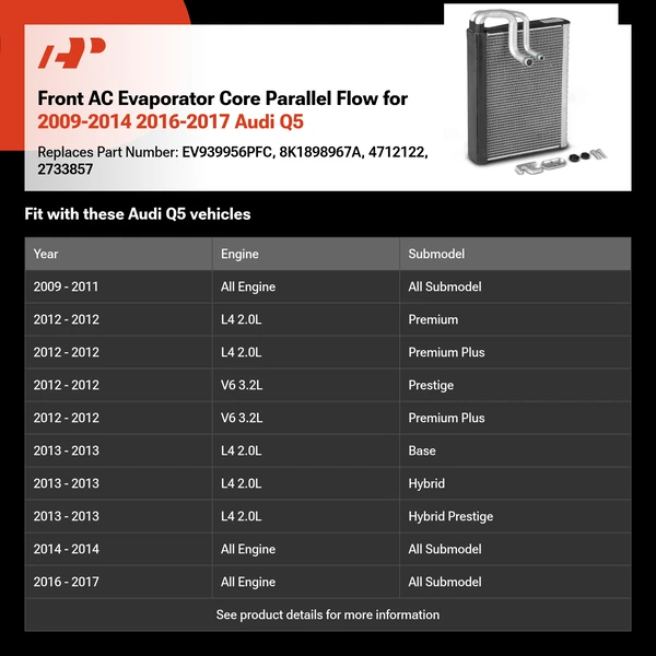 Front AC Evaporator Core Parallel Flow for 2009-2014 2016-2017 Audi Q5